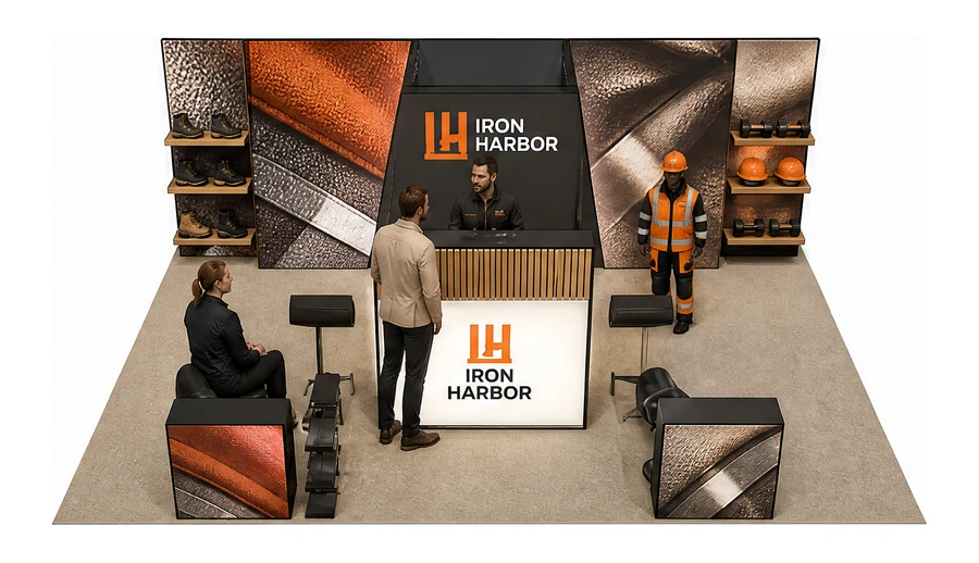 Stoisko 8 × 6 m półwyspowe dla branży BHP i odzież ochronna, przykładowa marka Iron Harbor