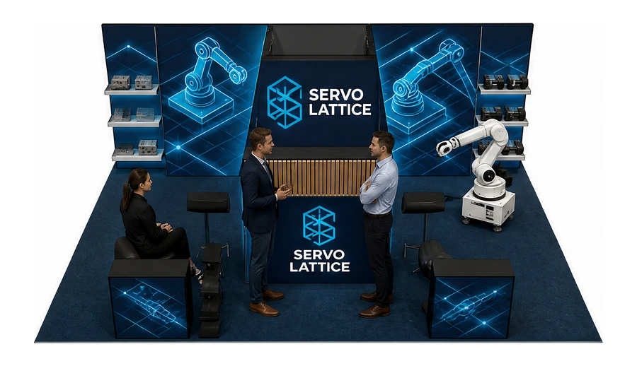 Stoisko 8 × 6 m półwyspowe dla branży automatyka przemysłowa, przykładowa marka Servo Lattice