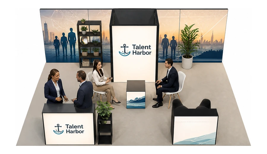 Stoisko 8 × 6 m półwyspowe dla branży HR i rekrutacja, przykładowa marka Talent Harbor