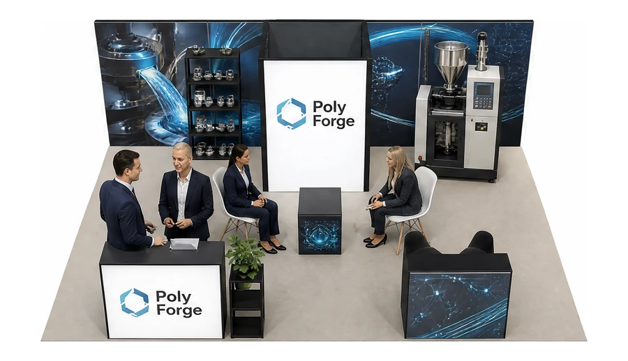 Stoisko 8 × 6 m półwyspowe dla branży przetwórstwo tworzyw, przykładowa marka Poly Forge