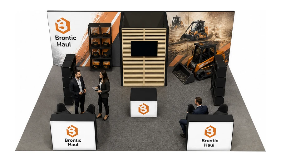 Stoisko 8 × 6 m półwyspowe dla branży maszyny budowlane, przykładowa marka Brontic Haul