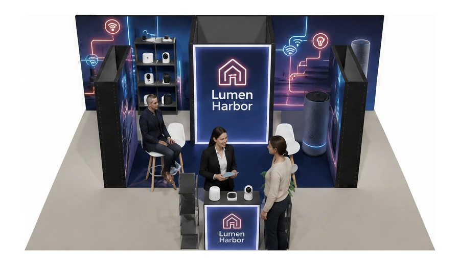 Stoisko 8 × 6 m półwyspowe dla branży smart home i IoT, przykładowa marka Lumen Harbor