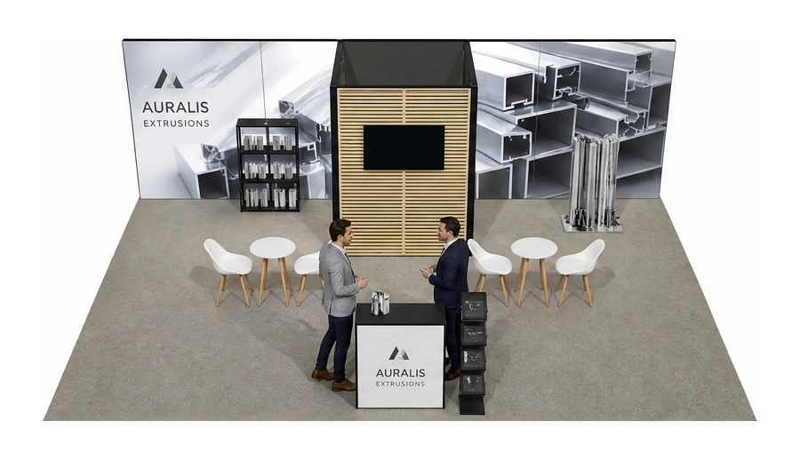 Stoisko 8 × 6 m półwyspowe dla branży profile aluminiowe, przykładowa marka Auralis Extrusions