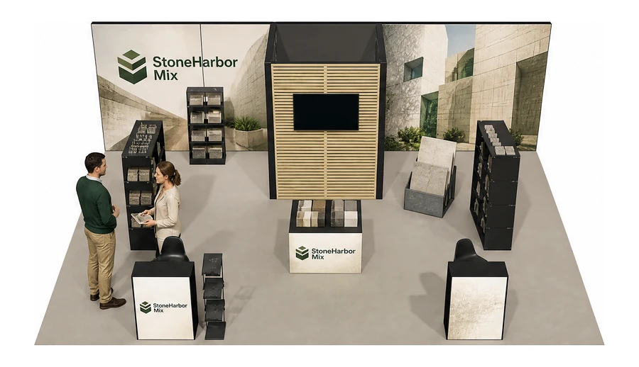 Stoisko 8 × 6 m półwyspowe dla branży materiały budowlane, przykładowa marka StoneHarbor Mix