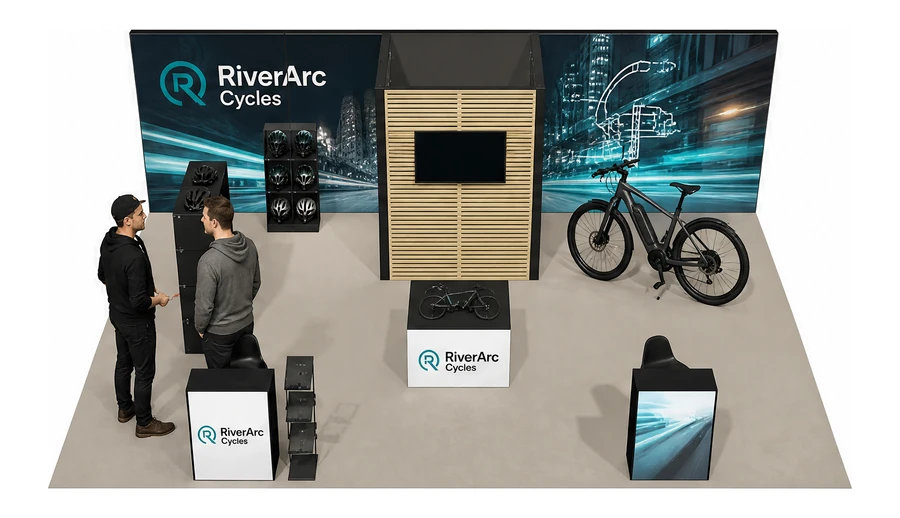 Stoisko 8 × 6 m półwyspowe dla branży rowery elektryczne, przykładowa marka RiverArc Cycles