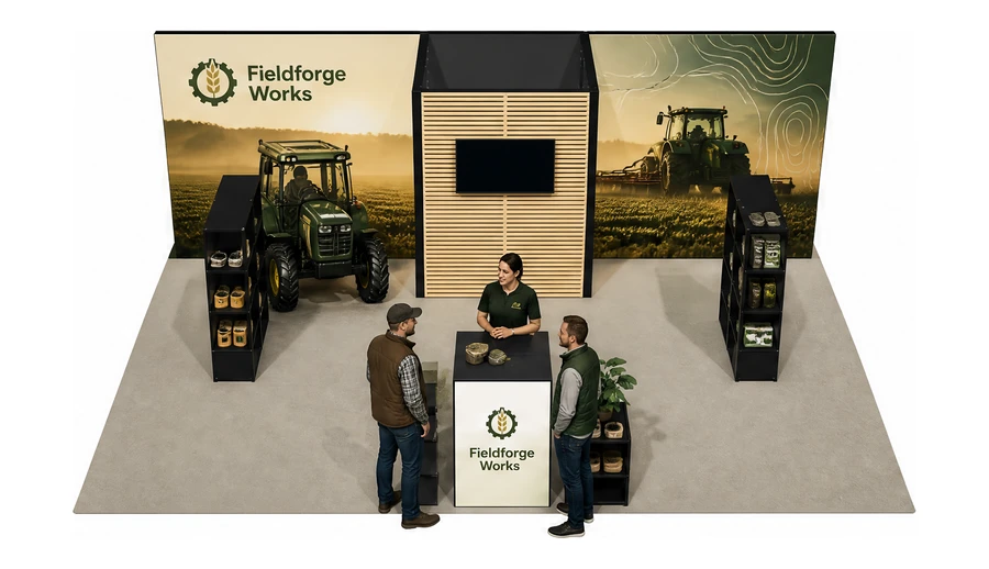Stoisko 8 × 6 m półwyspowe dla branży maszyny rolnicze, przykładowa marka Fieldforge Works