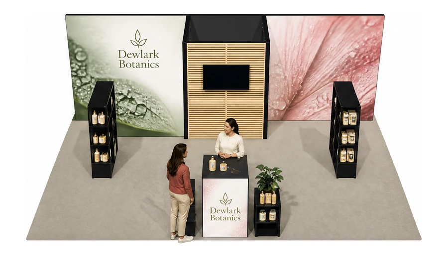 Stoisko 8 × 6 m półwyspowe dla branży kosmetyki naturalne, przykładowa marka Dewlark Botanics