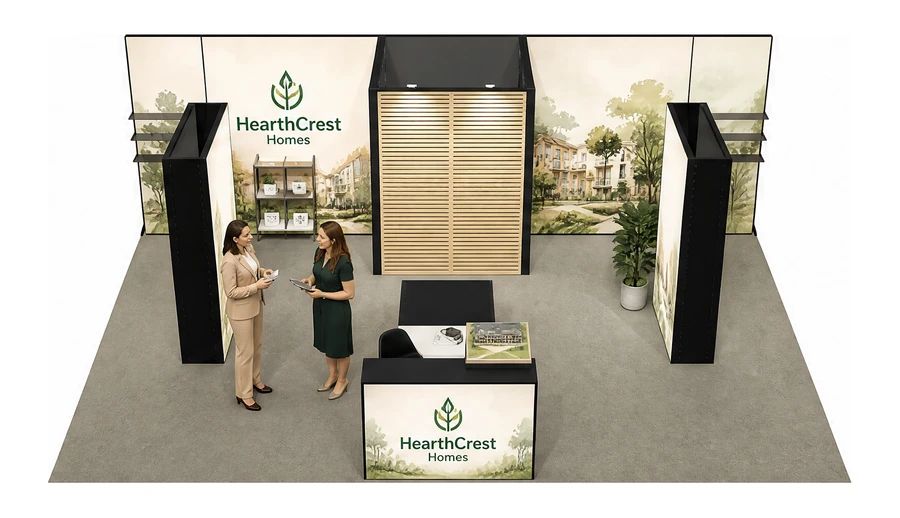 Stoisko 8 × 6 m półwyspowe dla branży deweloperzy i nieruchomości, przykładowa marka HearthCrest Homes
