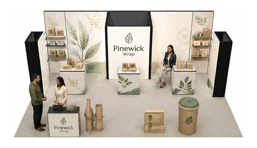 Stoisko 8 × 6 m półwyspowe dla branży opakowania ekologiczne, przykładowa marka Pinewick Wrap