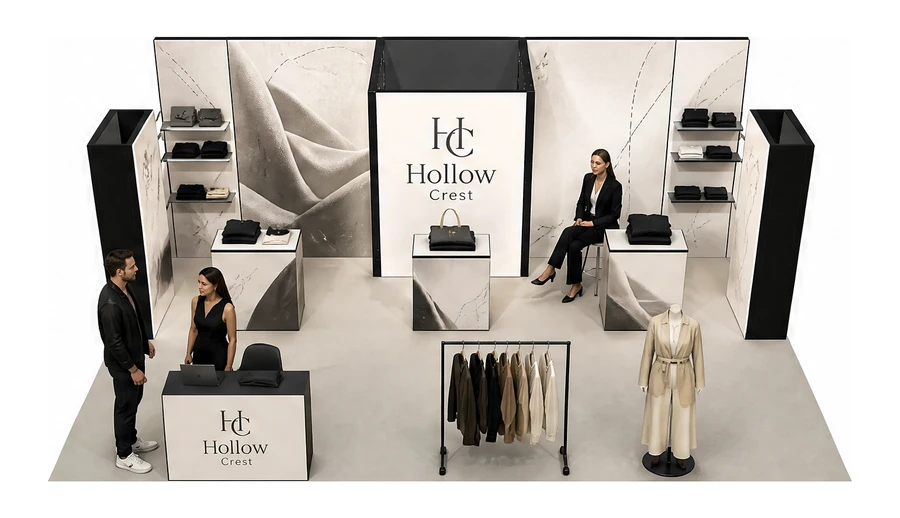 Stoisko 8 × 6 m półwyspowe dla branży odzież i moda, przykładowa marka Hollow Crest