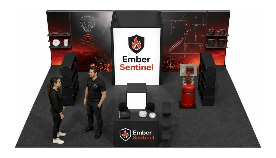 Stoisko 8 × 6 m półwyspowe dla branży ochrona przeciwpożarowa, przykładowa marka Ember Sentinel