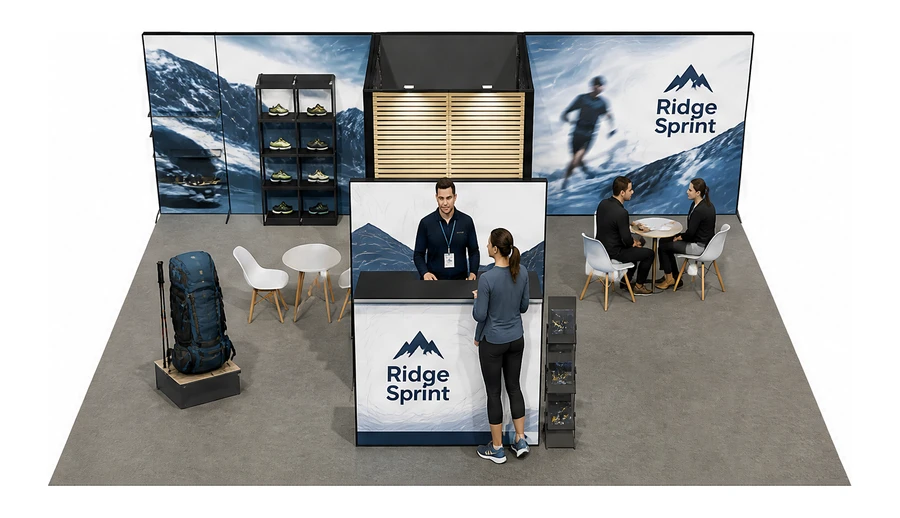 Stoisko 8 × 6 m półwyspowe dla branży sprzęt sportowy, przykładowa marka Ridge Sprint