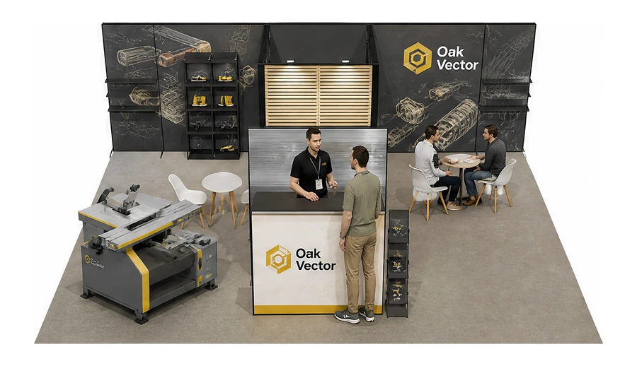 Stoisko 8 × 6 m półwyspowe dla branży maszyny do obróbki drewna, przykładowa marka Oak Vector