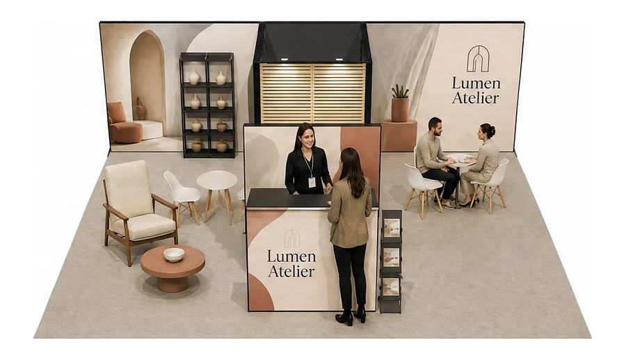 Stoisko 8 × 6 m półwyspowe dla branży meble designerskie, przykładowa marka Lumen Atelier