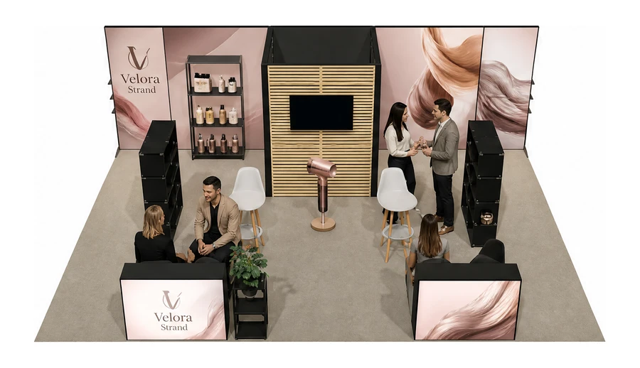 Stoisko 8 × 6 m półwyspowe dla branży fryzjerstwo i salony beauty, przykładowa marka Velora Strand
