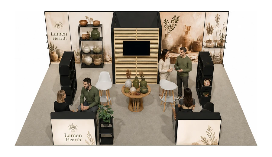Stoisko 8 × 6 m półwyspowe dla branży dekoracje i upominki, przykładowa marka Lumen Hearth