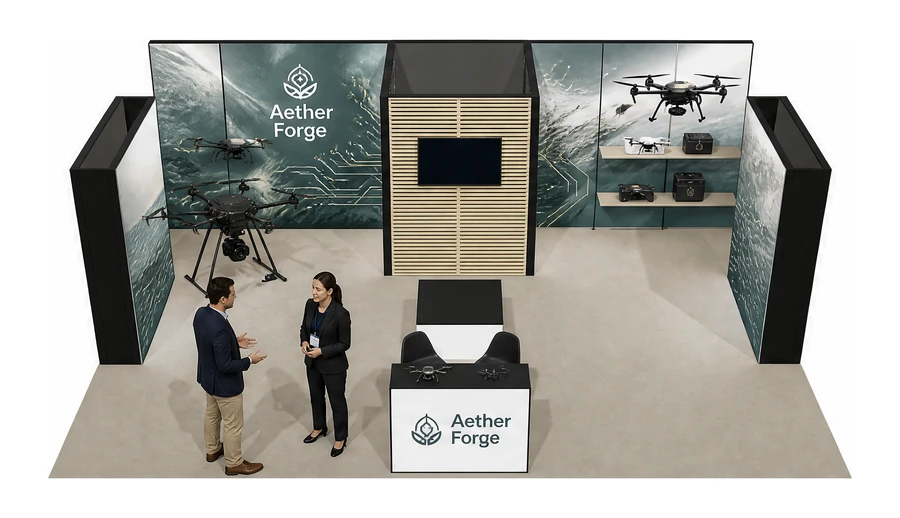Stoisko 8 × 6 m półwyspowe dla branży drony i robotyka, przykładowa marka Aether Forge
