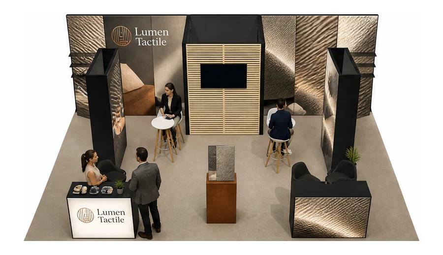 Stoisko 8 × 6 m półwyspowe dla branży wykończenie wnętrz, przykładowa marka Lumen Tactile