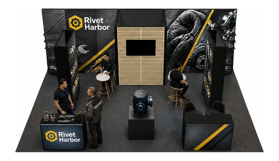 Stoisko 8 × 6 m półwyspowe dla branży utrzymanie ruchu, przykładowa marka Rivet Harbor