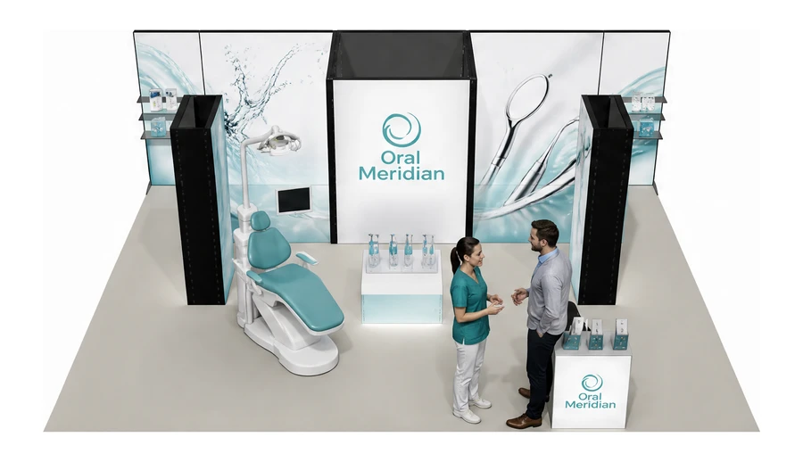 Stoisko 8 × 6 m półwyspowe dla branży stomatologia, przykładowa marka Oral Meridian