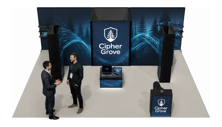 Stoisko 8 × 6 m półwyspowe dla branży cyberbezpieczeństwo, przykładowa marka Cipher Grove