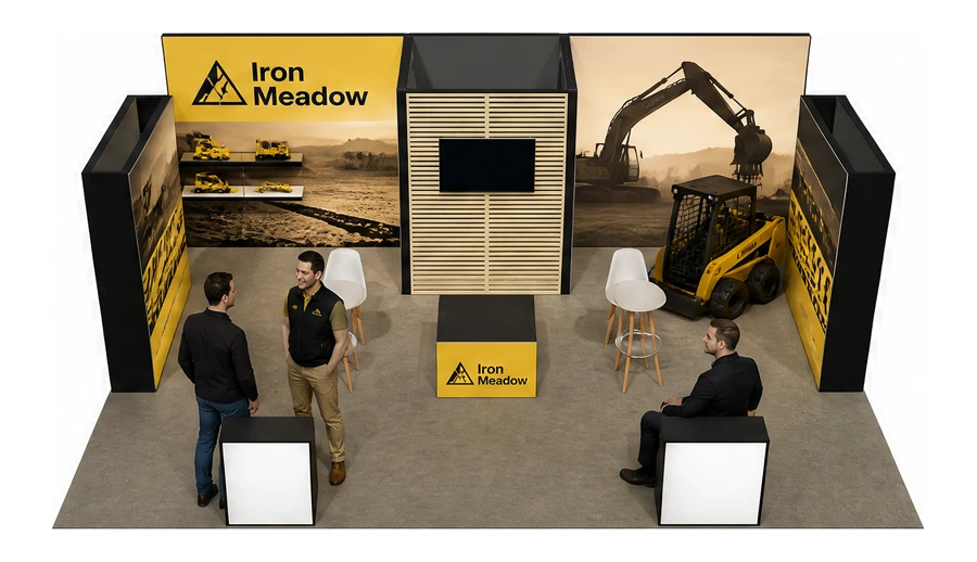 Stoisko 8 × 6 m półwyspowe dla branży maszyny budowlane, przykładowa marka Iron Meadow