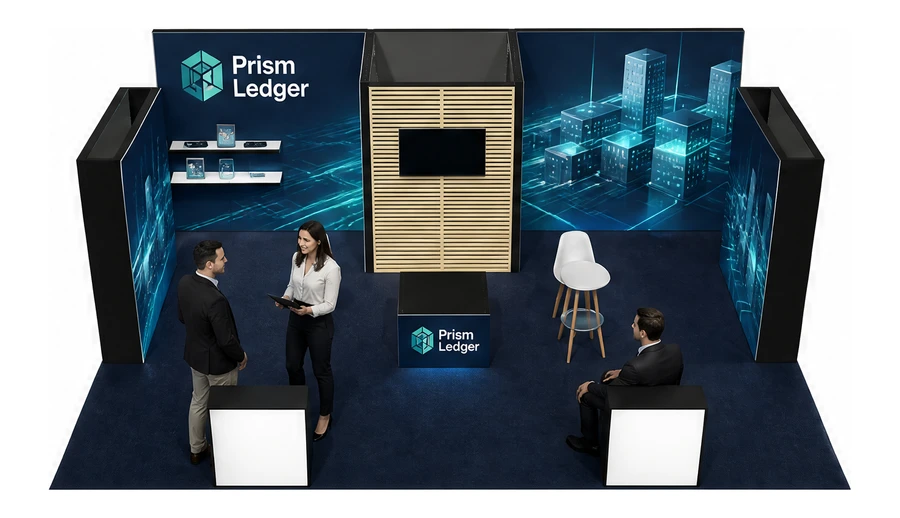 Stoisko 8 × 6 m półwyspowe dla branży oprogramowanie dla firm, przykładowa marka Prism Ledger