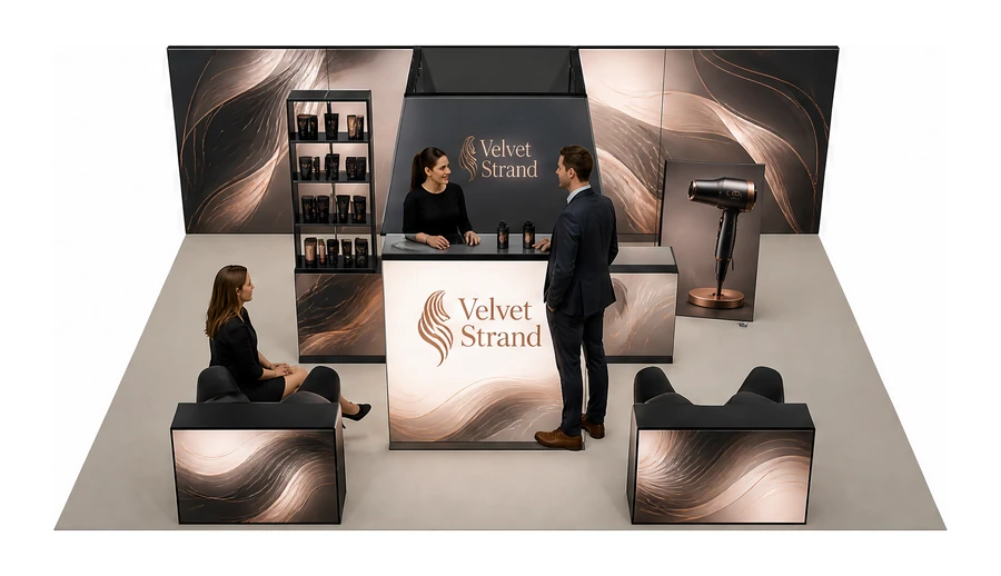 Stoisko 8 × 6 m półwyspowe dla branży fryzjerstwo i salony beauty, przykładowa marka Velvet Strand