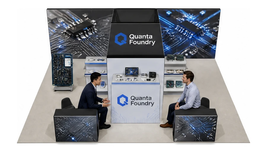 Stoisko 8 × 6 m półwyspowe dla branży komponenty elektroniczne, przykładowa marka Quanta Foundry