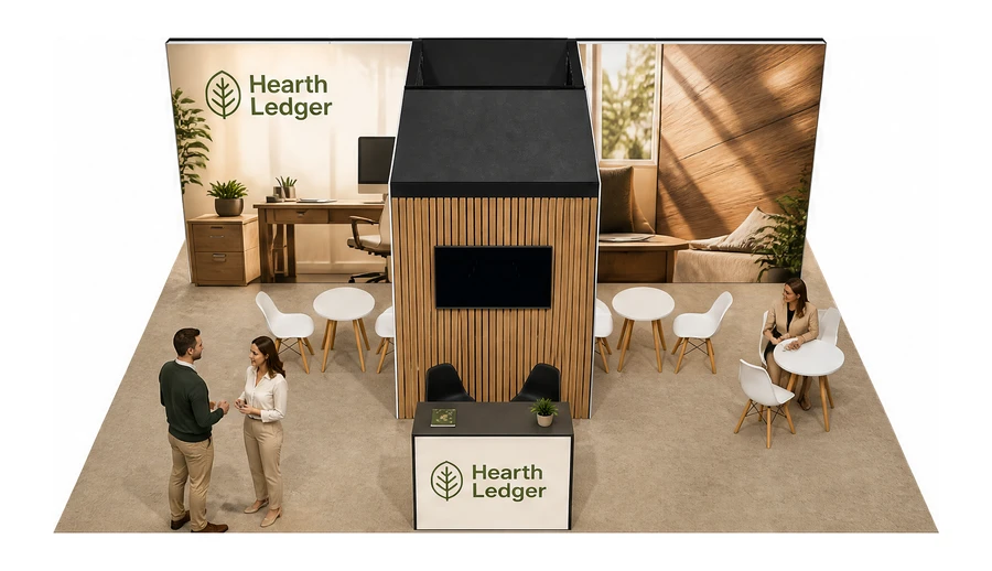 Stoisko 8 × 6 m półwyspowe dla branży meble biurowe, przykładowa marka Hearth Ledger