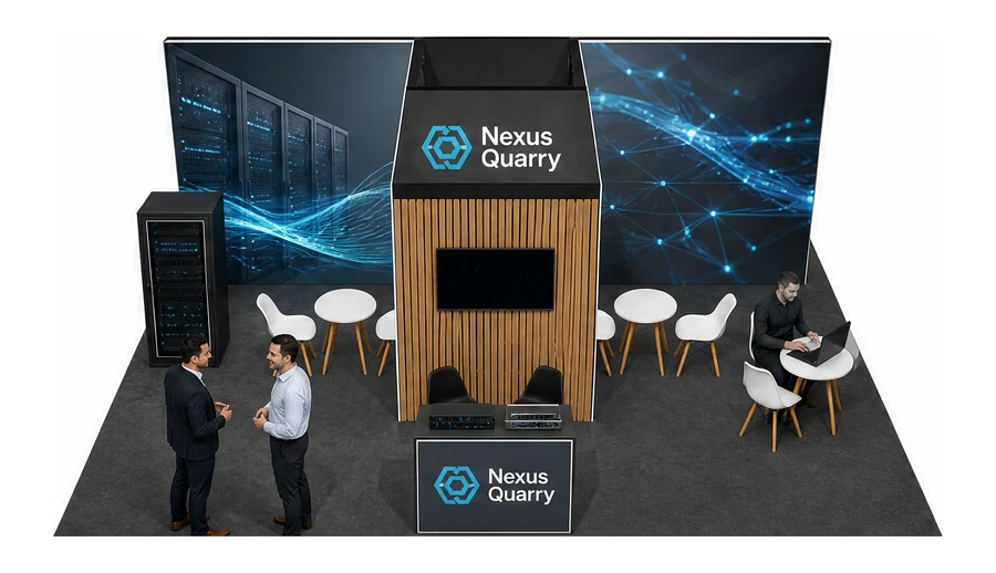 Stoisko 8 × 6 m półwyspowe dla branży infrastruktura IT i data center, przykładowa marka Nexus Quarry
