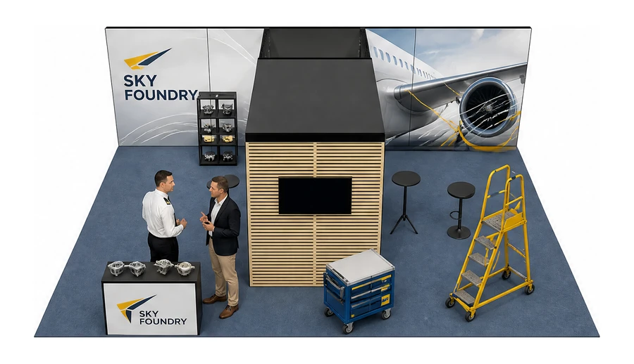 Stoisko 8 × 6 m półwyspowe dla branży lotnictwo, przykładowa marka Sky Foundry