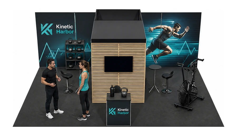 Stoisko 8 × 6 m półwyspowe dla branży fitness i siłownie, przykładowa marka Kinetic Harbor