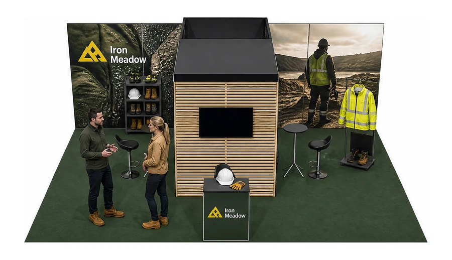 Stoisko 8 × 6 m półwyspowe dla branży BHP i odzież ochronna, przykładowa marka Iron Meadow
