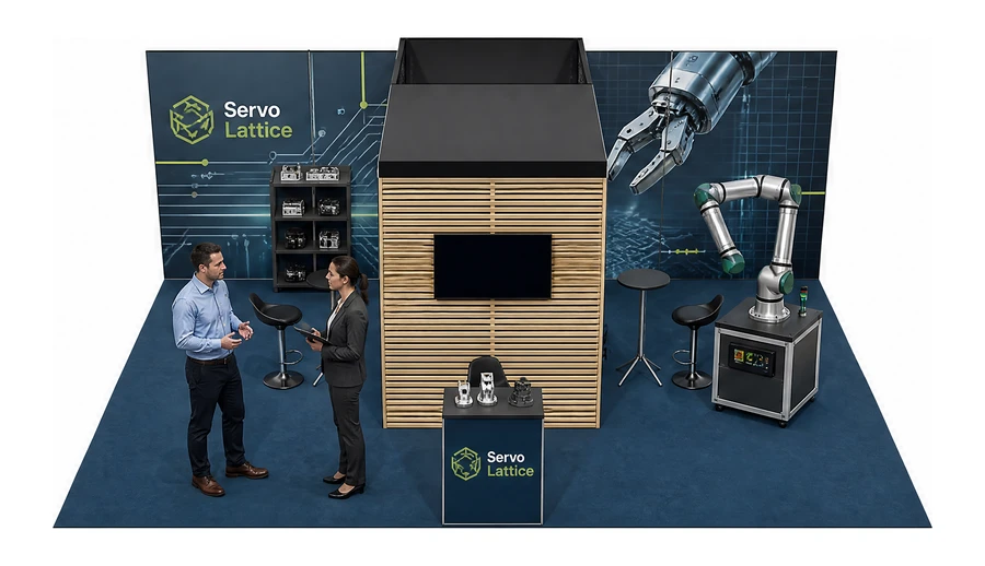 Stoisko 8 × 6 m półwyspowe dla branży automatyka przemysłowa, przykładowa marka Servo Lattice
