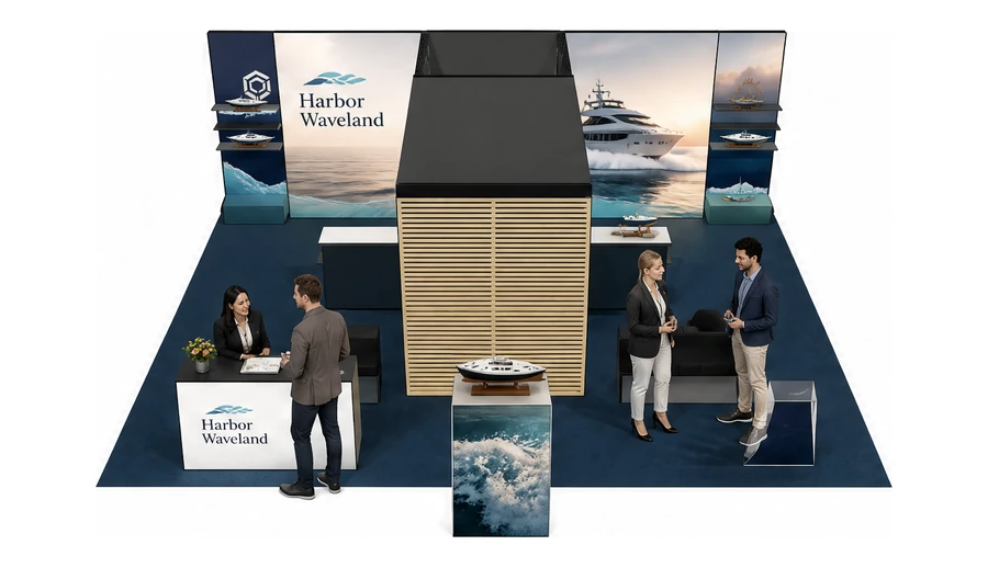 Stoisko 8 × 6 m półwyspowe dla branży jachty i łodzie, przykładowa marka Harbor Waveland