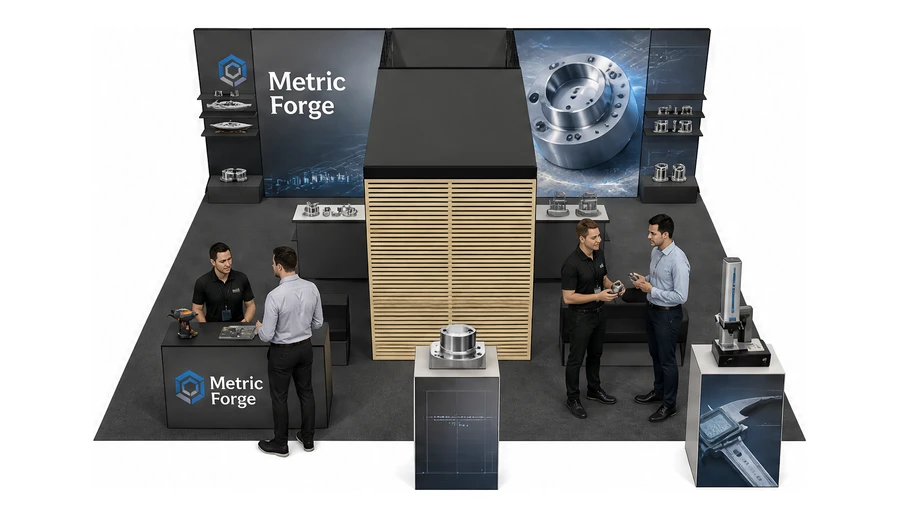 Stoisko 8 × 6 m półwyspowe dla branży technika pomiarowa, przykładowa marka Metric Forge