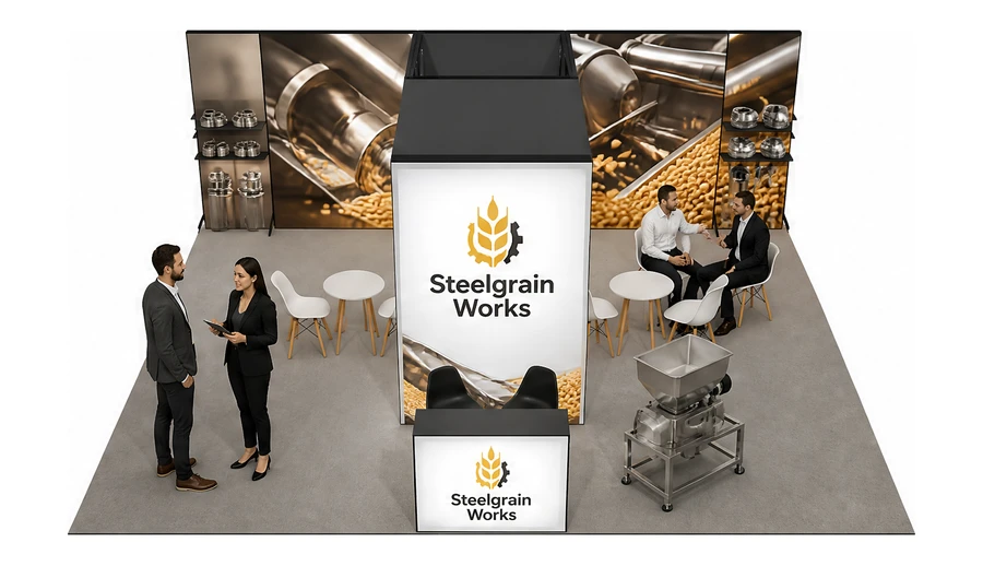 Stoisko 8 × 6 m półwyspowe dla branży technologie spożywcze, przykładowa marka Steelgrain Works