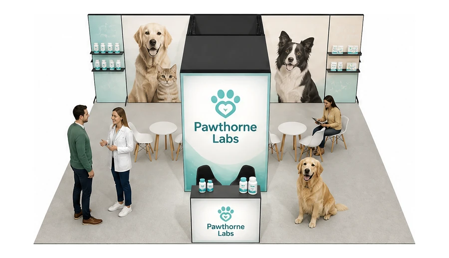 Stoisko 8 × 6 m półwyspowe dla branży weterynaria, przykładowa marka Pawthorne Labs