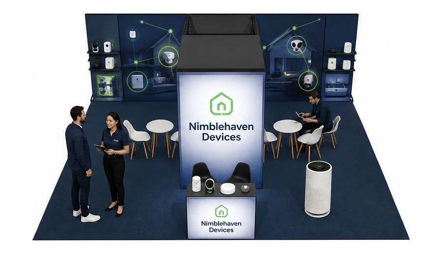 Stoisko 8 × 6 m półwyspowe dla branży smart home i IoT, przykładowa marka Nimblehaven Devices