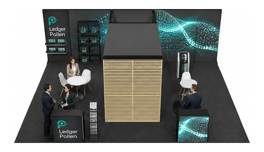 Stoisko 8 × 6 m półwyspowe dla branży płatności online, przykładowa marka Ledger Pollen