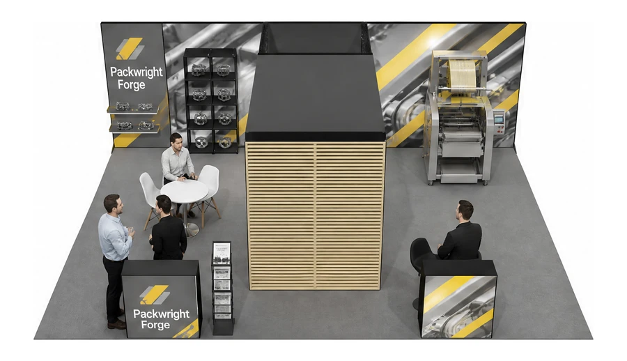 Stoisko 8 × 6 m półwyspowe dla branży maszyny pakujące, przykładowa marka Packwright Forge