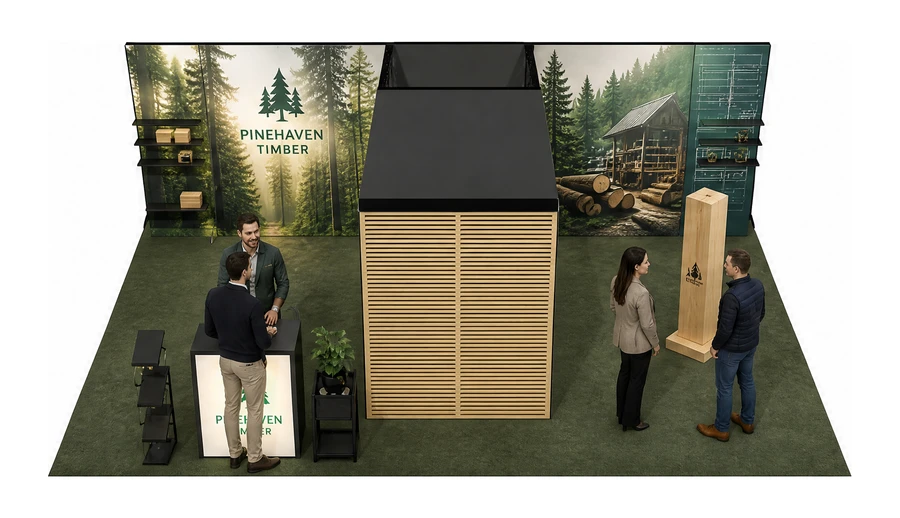 Stoisko 8 × 6 m półwyspowe dla branży leśnictwo i przemysł drzewny, przykładowa marka Pinehaven Timber