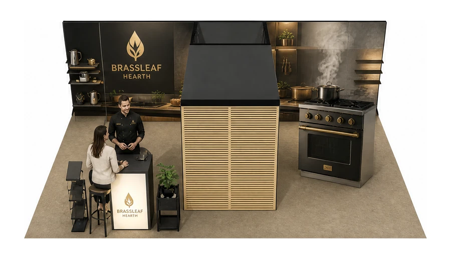 Stoisko 8 × 6 m półwyspowe dla branży sprzęt kuchenny i AGD, przykładowa marka Brassleaf Hearth