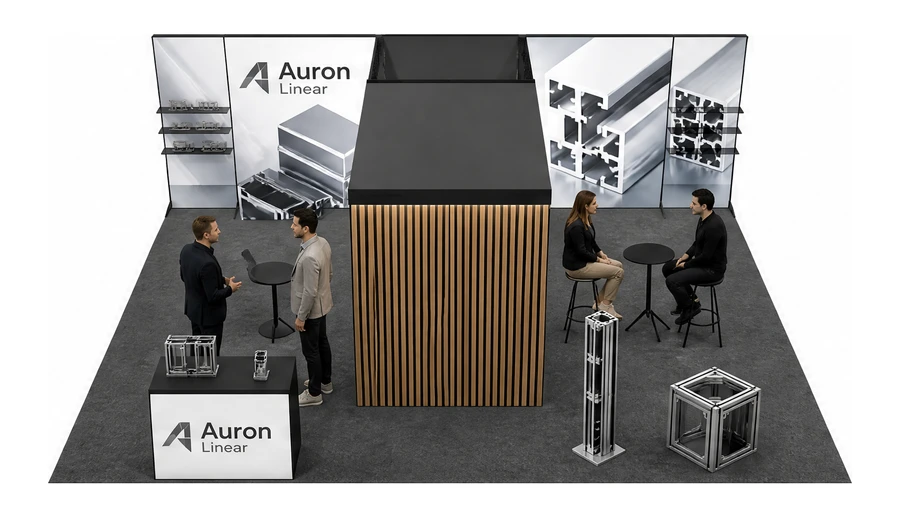 Stoisko 8 × 6 m półwyspowe dla branży profile aluminiowe, przykładowa marka Auron Linear