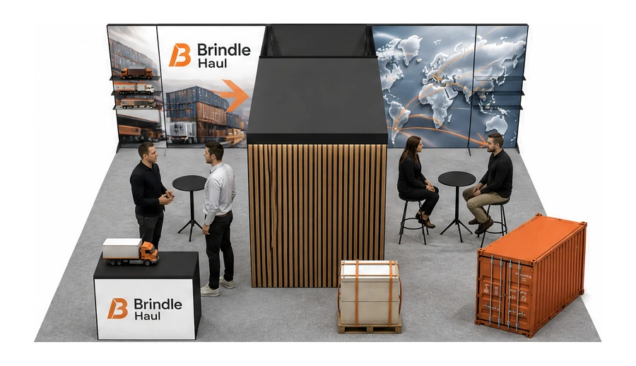 Stoisko 8 × 6 m półwyspowe dla branży logistyka i spedycja, przykładowa marka Brindle Haul