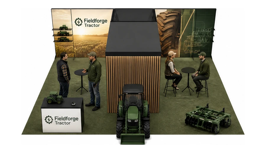 Stoisko 8 × 6 m półwyspowe dla branży maszyny rolnicze, przykładowa marka Fieldforge Tractor
