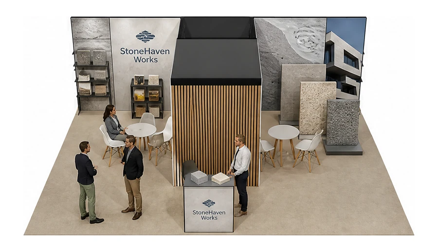 Stoisko 8 × 6 m półwyspowe dla branży materiały budowlane, przykładowa marka StoneHaven Works