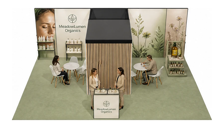 Stoisko 8 × 6 m półwyspowe dla branży kosmetyki naturalne, przykładowa marka MeadowLumen Organics