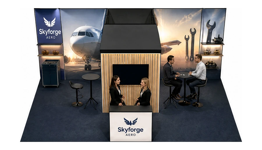 Stoisko 8 × 6 m półwyspowe dla branży lotnictwo, przykładowa marka Skyforge Aero